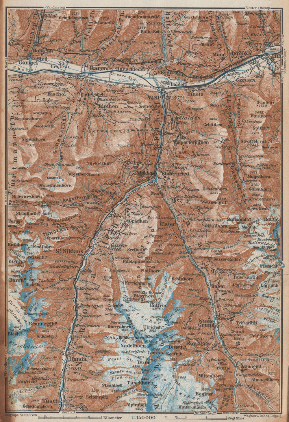 STALDEN/SAAS-FEE AREA. Mischabel Group Grächen Dom Raron Randa Visp 1938 map