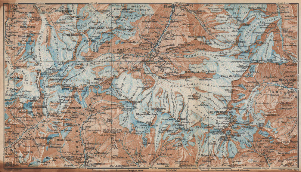 ZERMATT ENVIRONS. Breuil-Cervinia Matterhorn Tournanche Monte Rosa 1938 map