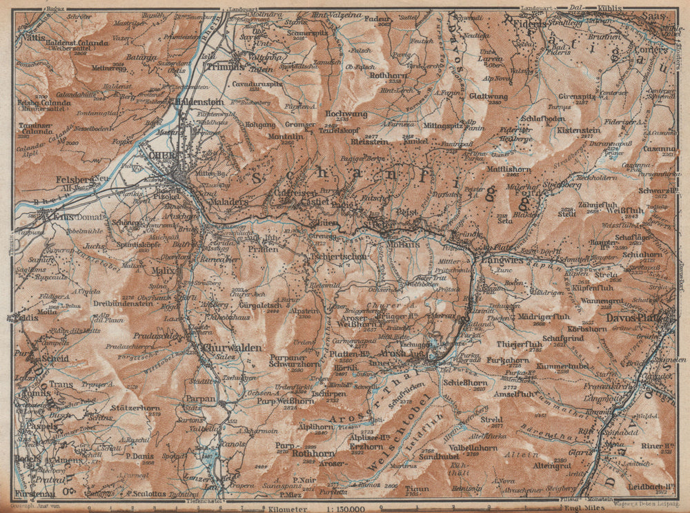 COIRE/CHUR SCHANFIGG AROSA ENVIRONS. Davos Klosters Lenzheide Trimnns 1938 map