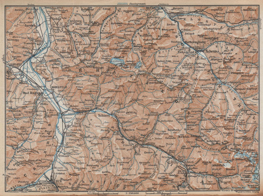 BAD RAGAZ PRÄTIGAU MONTAFON ENVIRONS. Wangs Rätikon Bludenz Maienfeld 1938 map