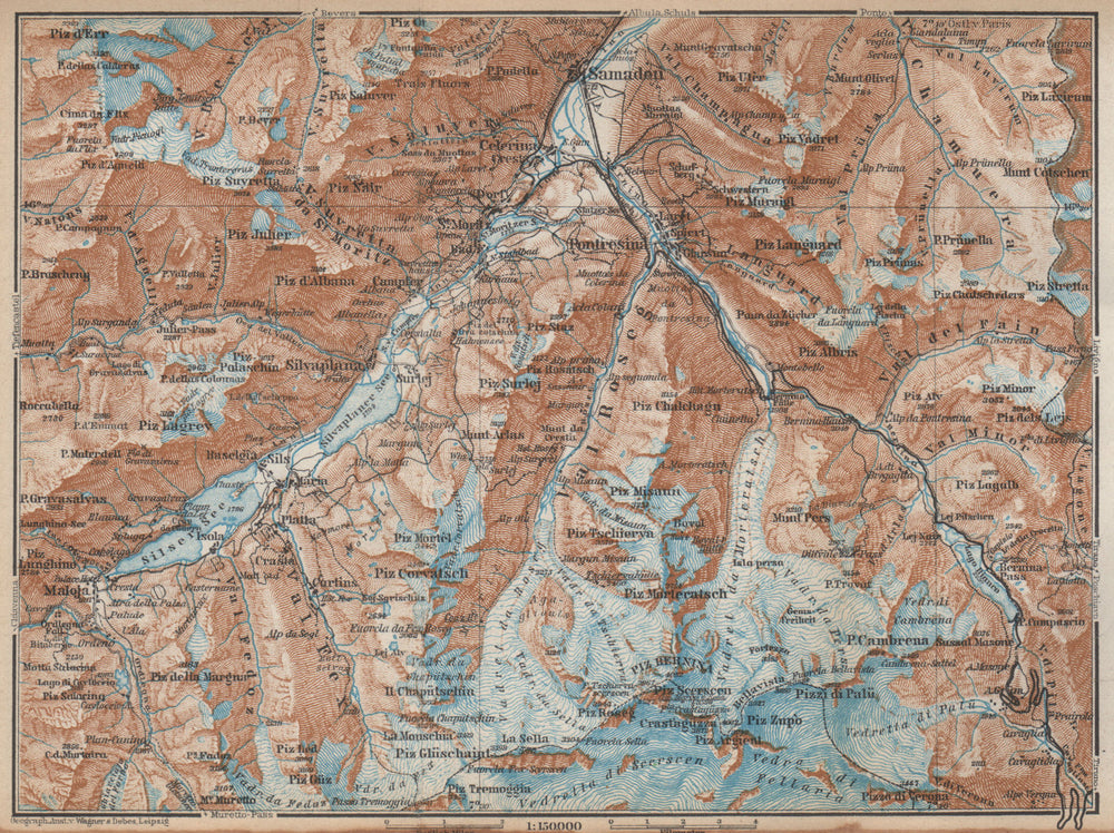 UPPER ENGADINE. St Moritz Celerina Pontresina Sils-Maria Bernina Range 1938 map