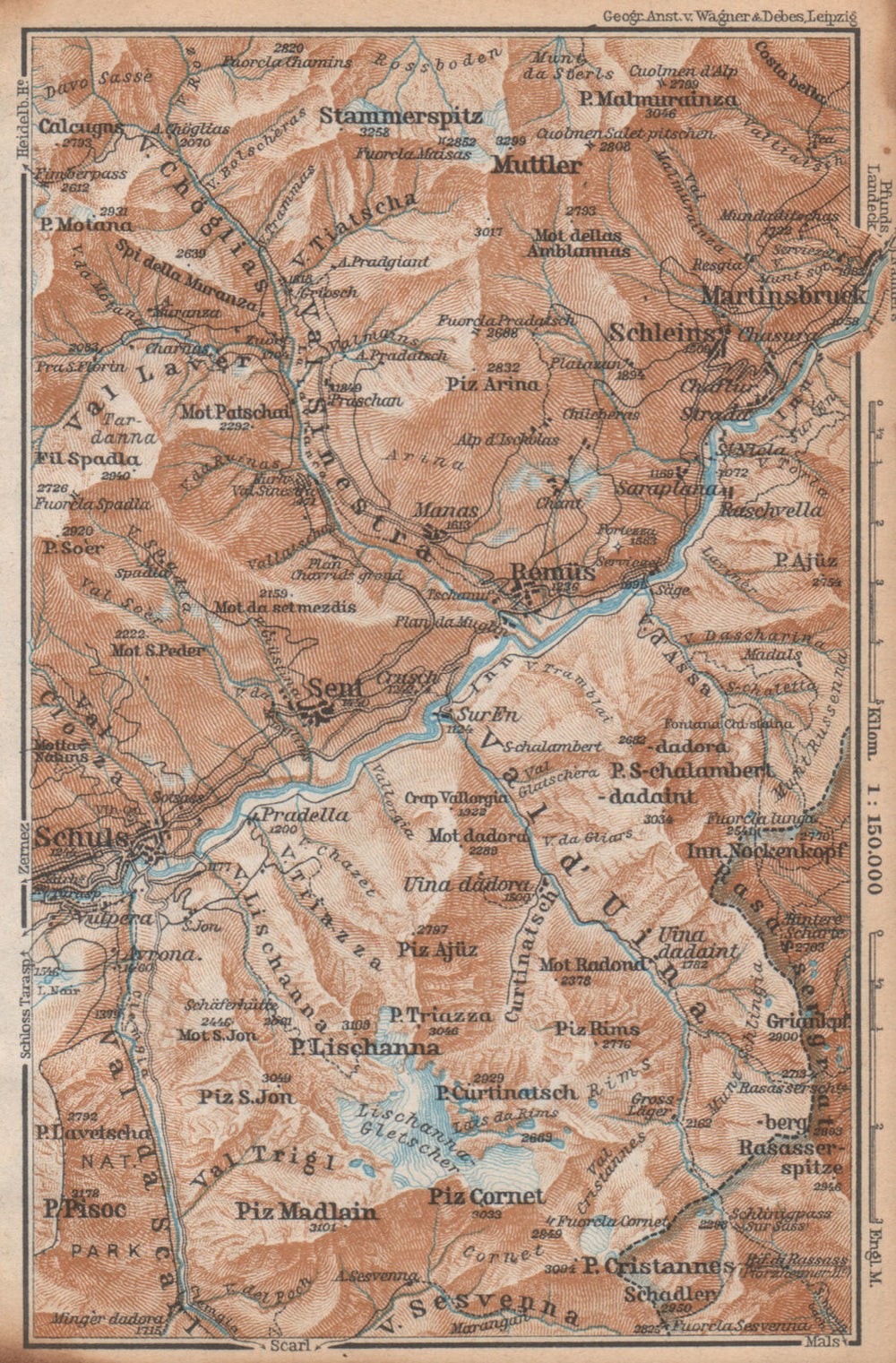 LOWER ENGADINE VALLEY. Scuol-Martinsbruck/Martina Schleins Remiis 1938 old map