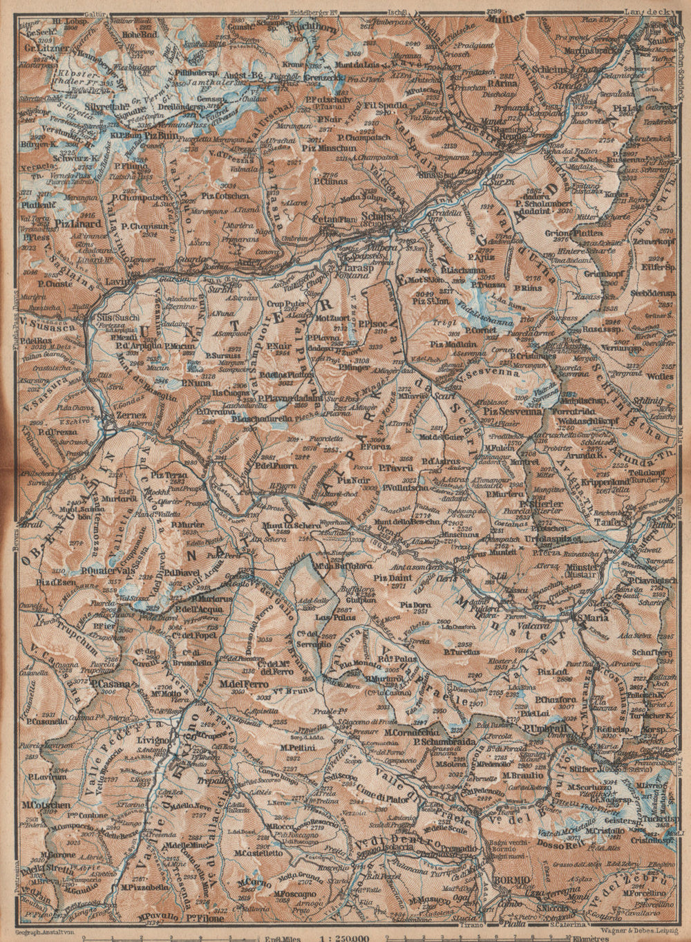 LOWER ENGADINE. Livigno Bormio Ftan Scuol Silvretta Range Piz Buin 1938 map