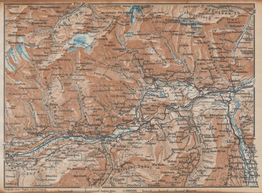 ILANZ & FLIMS AREA. Laax Obersaxen Mundaun Brigels Waltensburg Tamins 1938 map