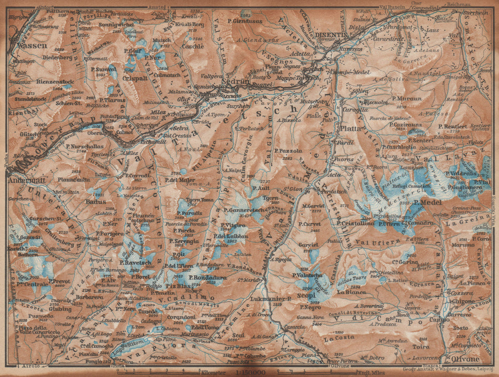 VAL TAVETSCH/MEDEL. Andermatt Disentis Sedrun Wassen Piz Medel. Topo-map 1938
