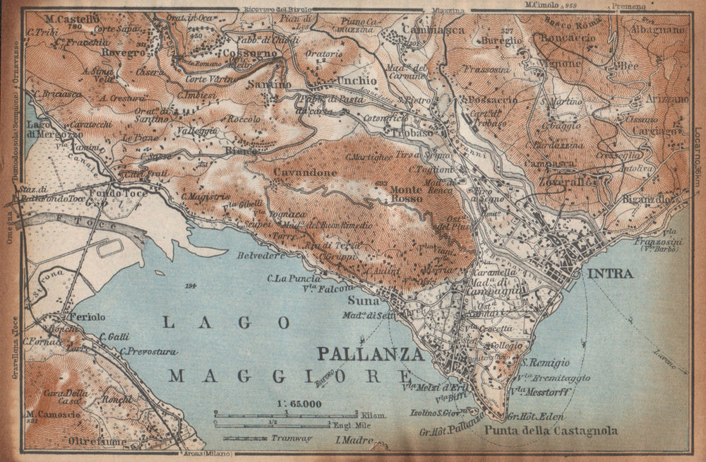 PALLANZA ENVIRONS. Verbania. Intra Unchio. Italy mappa. BAEDEKER 1938 old