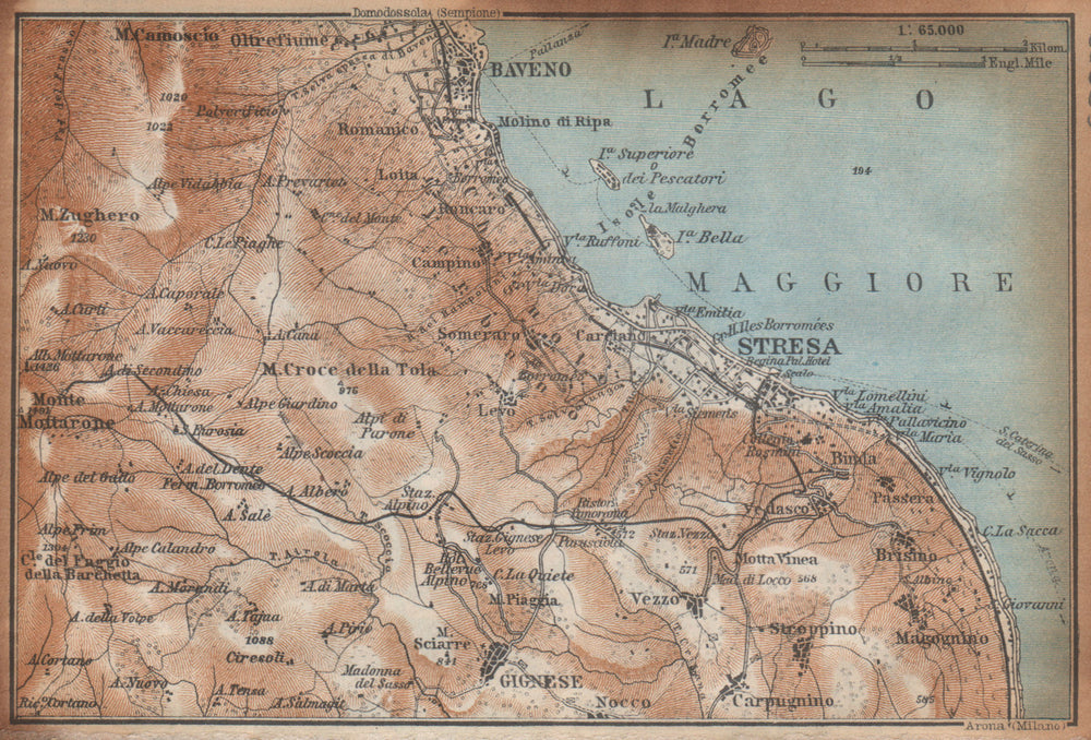 STRESA ENVIRONS. Baveno Gignese. Italy mappa. BAEDEKER 1938 old vintage