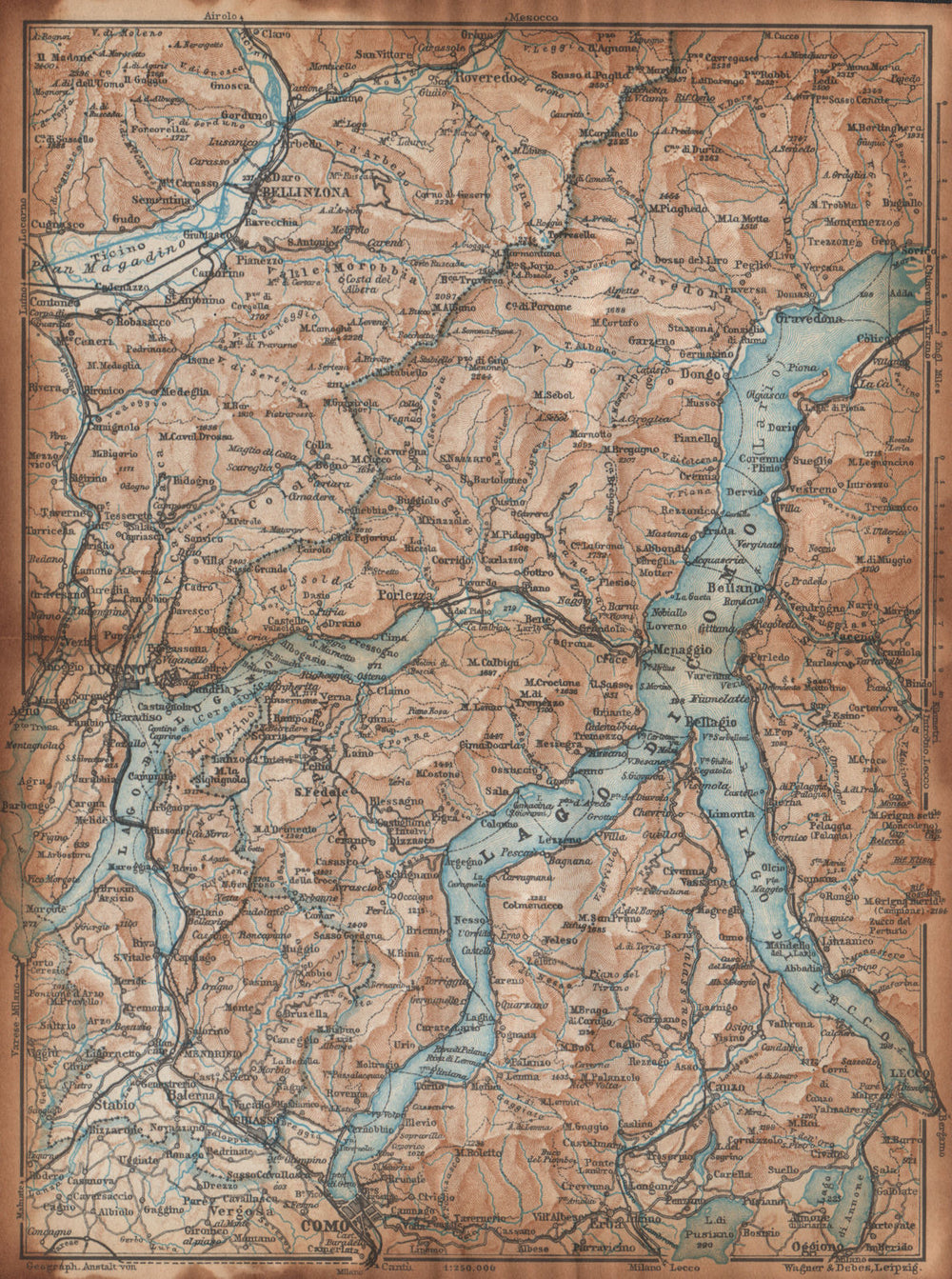 LAKES/LAGO DI COMO & LUGANO. Lecco Bellinzona. Topo-map. Italy mappa 1938