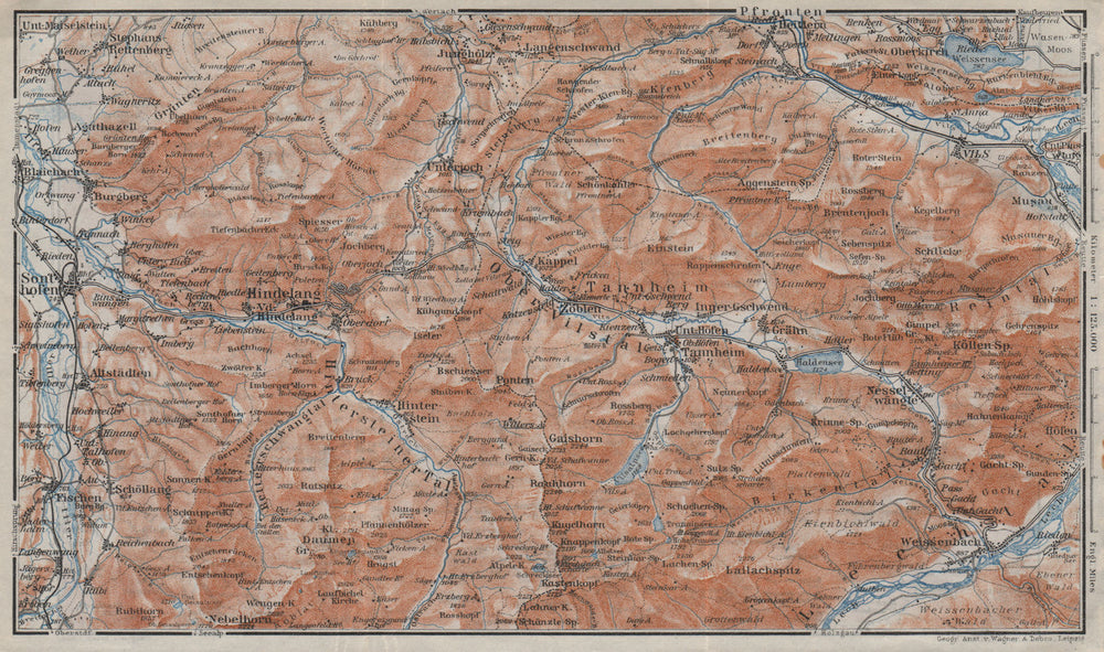 NORTH ALLGÄU &  TANNHEIM ALPS. Hindelang Sonthofen Pfronten Tannheim 1923 map