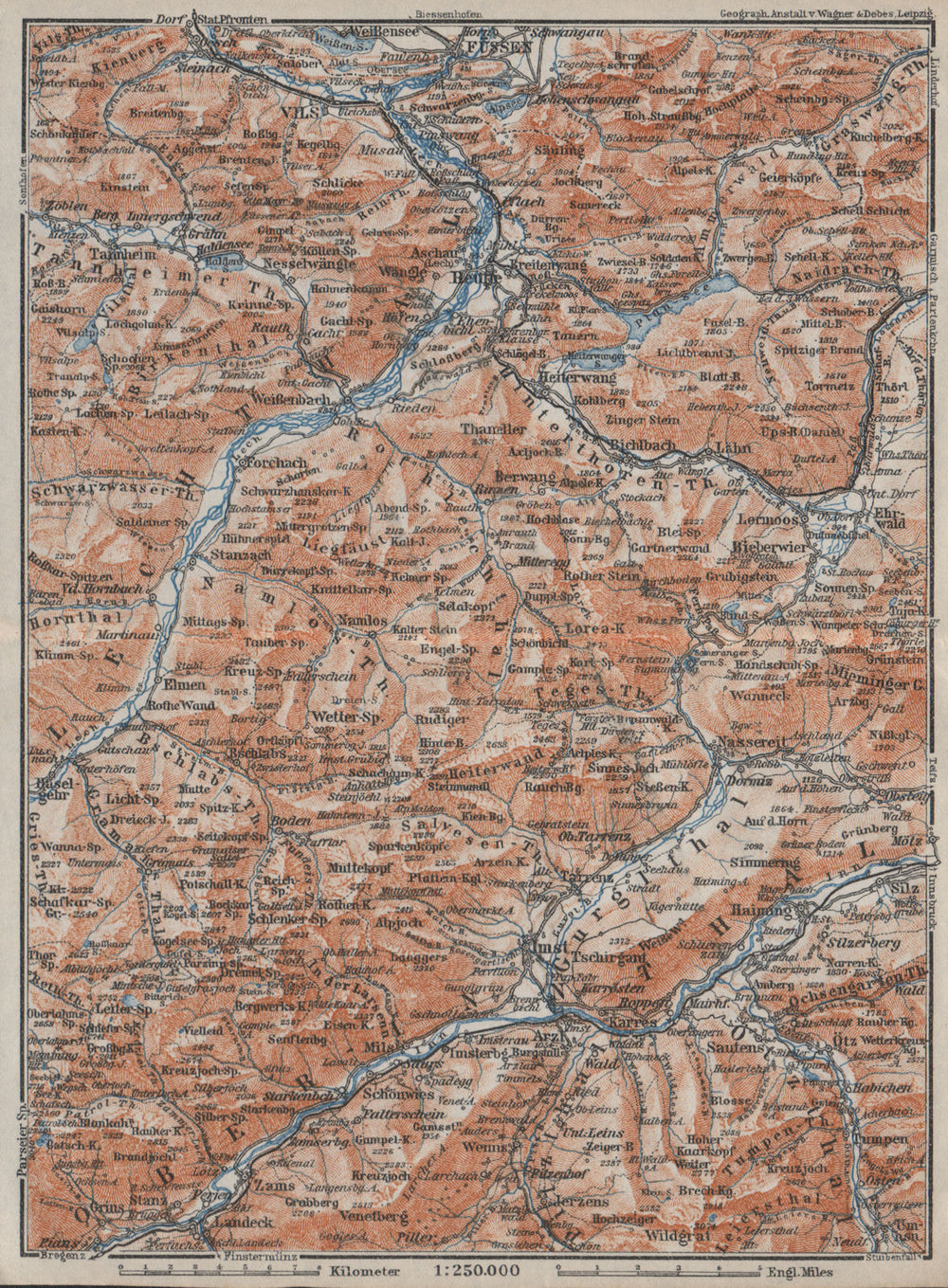 Ammergauer & Lechtaler Alpen. Oberinntal. Fussen Imst Reutte. Tirol 1923 map