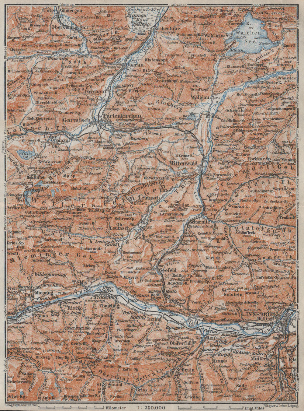 WETTERSTEIN Garmisch-Partenkirchen Innsbruck Inntal Mittenwald Oberau 1923 map