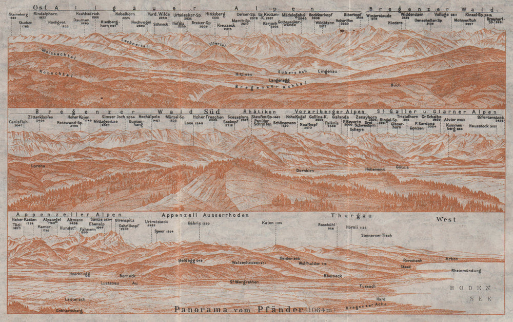 PANORAMA from/vom PFÄNDER (1064m). Vorarlberg. Österreich. Pfander 1923 map