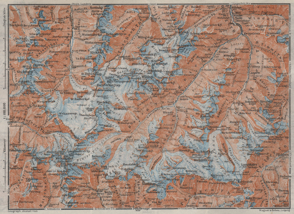 UPPER ÖTZTAL Solden Obergurgl Wildspitze Tyrol Tirol topo-map. Austria 1923