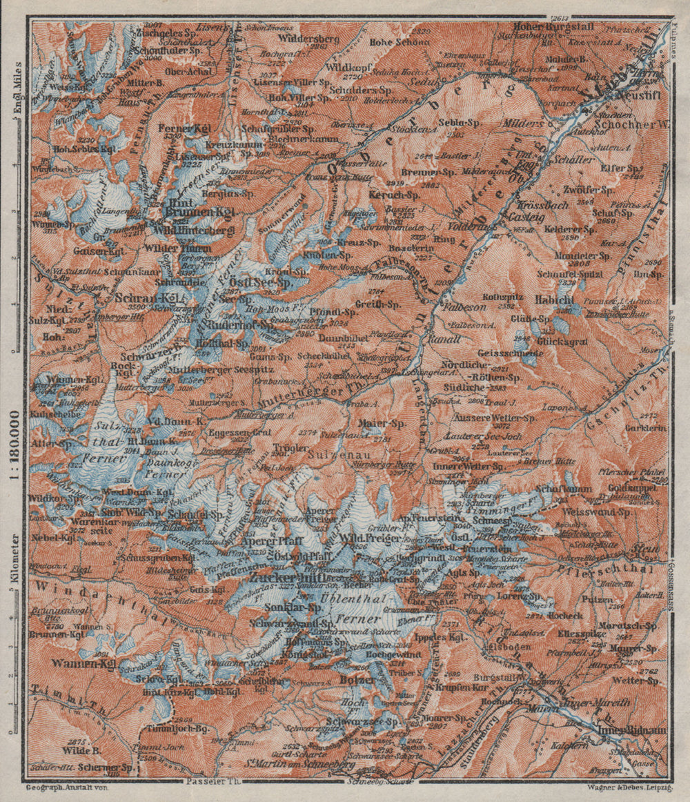 STUBAI ALPS Stubaier Alpen. Neustift im Stubaital Tirol Tyrol topo-map 1923