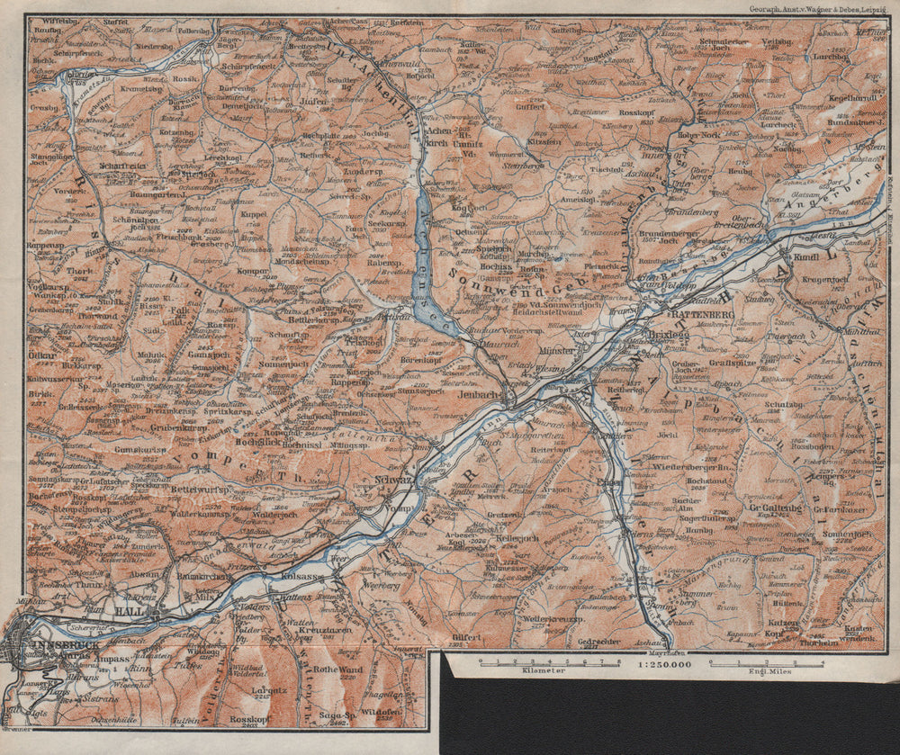 Tiroler Unterland. Unterinntal. Inn valley. Innsbruck Tyrol Jenbach 1923 map