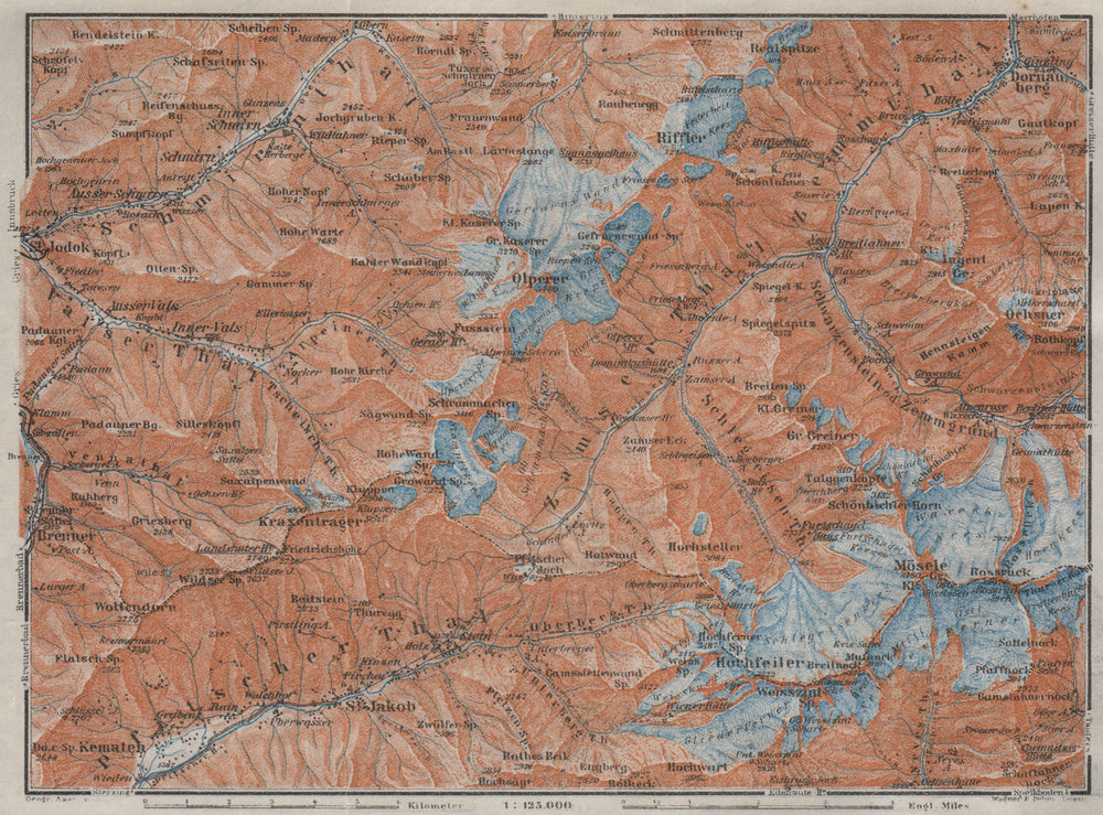 WESTERN ZILLERTAL Pfitscher Tal St Jodok Olperer Zillertaler Alpe 1923 old map