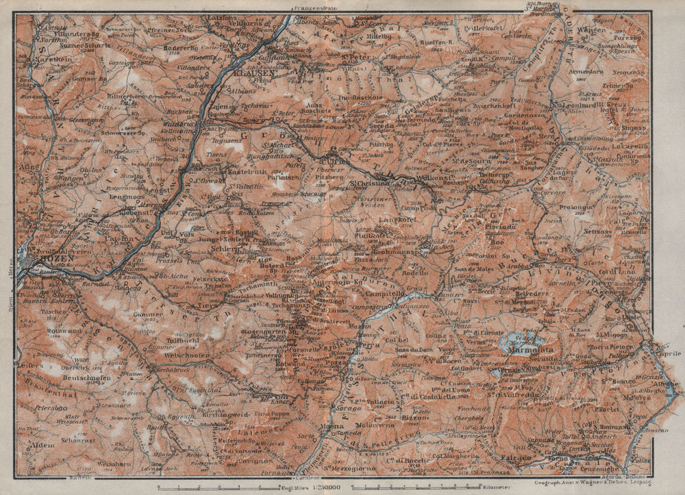 VAL GARDENA/GRÖDEN. Bozen/Bolzano Schlern-Rosengarten Südtirol Klausen 1923 map