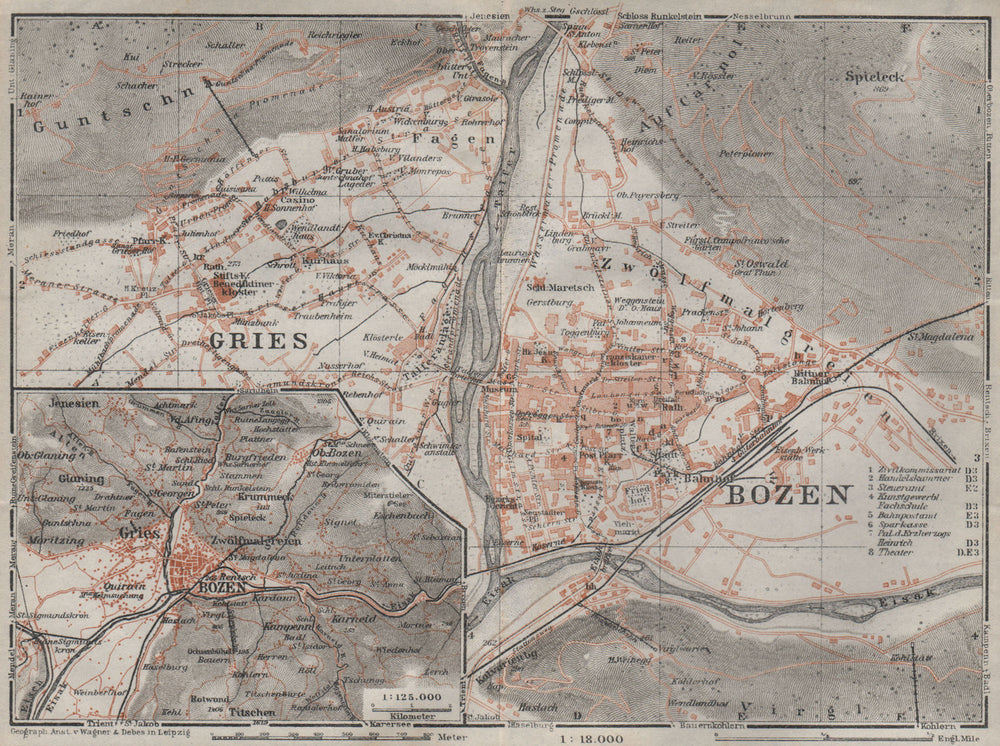 BOLZANO (BOZEN) environs. Gries. town city plan. Italy mappa. BAEDEKER 1923