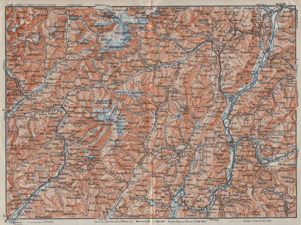 ADAMELLO BRENTA. ORTLER ALPEN. Dolomiti. Bolzano Tirano Bormio Trento 1923 map