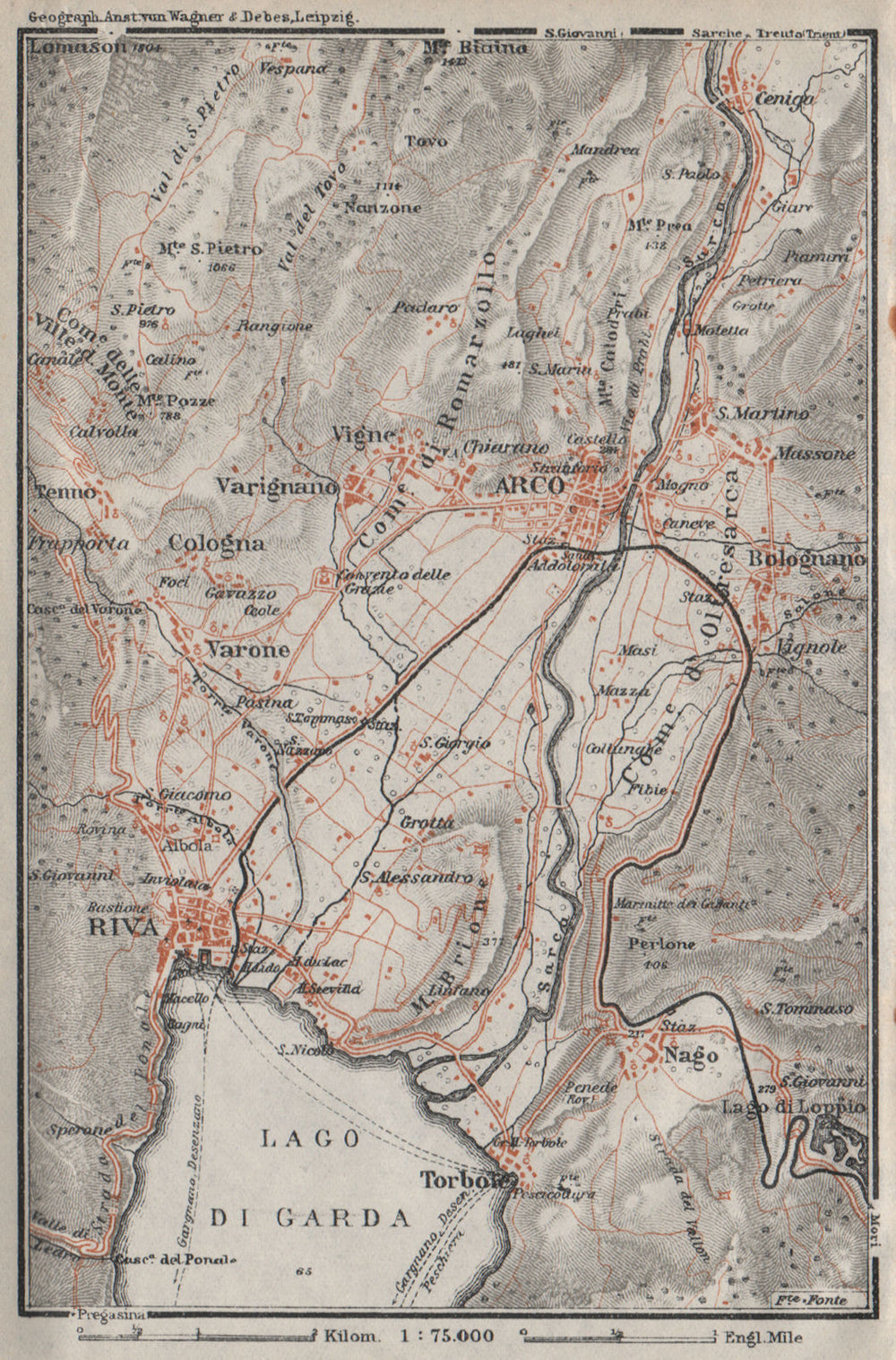 ARCO & RIVA DEL GARDA environs. Trento, Italy Italia. Bolognano mappa 1923