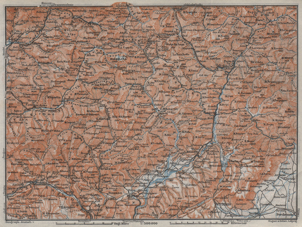 DOLOMITE ALPS DOLOMITI Bolzano Belluno Val Gardena Cortina d'Ampezzo 1923 map