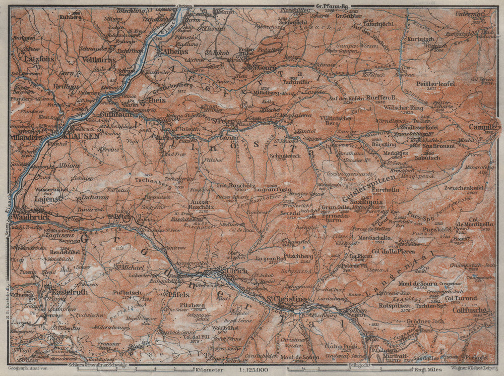 VAL GARDENA/GRÖDEN Klausen/Chiusa St Ulrich S Christina Selva Südtirol 1923 map
