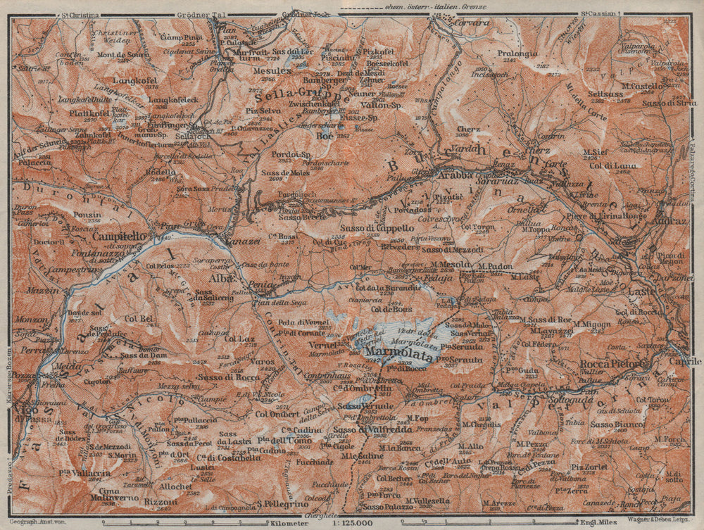 LADIN VALLEYS. Marmolada Arabba/Rèba Fascia Fodóm Mëisules Ciampedèl 1923 map