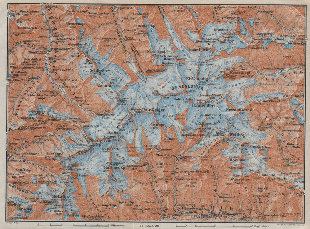 Gross VENEDIGERGRUPPE Group topo-map. Prägraten. Austria Österreich 1923