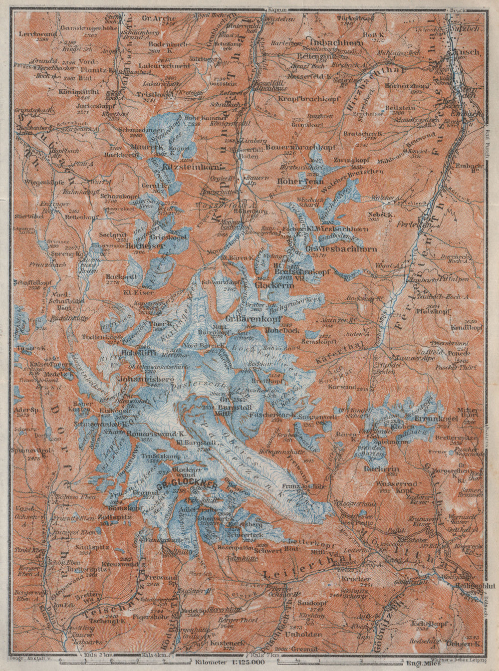 GLOCKNERGRUPPE Grossglockner topo-map. Austria Österreich karte 1923 old