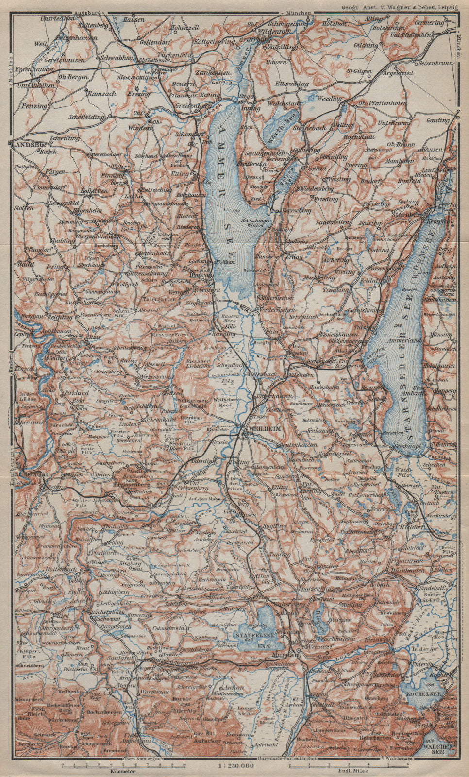 STARNBERGERSEE & AMMERSEE. Weilheim Schongau Murnau Starnberg karte 1927 map