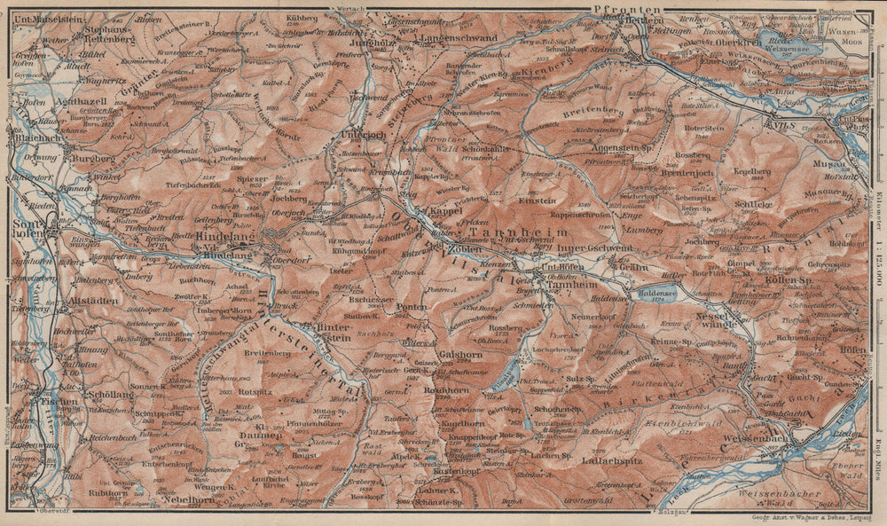 NORTH ALLGÄU &  TANNHEIM ALPS. Hindelang Sonthofen Pfronten Tannheim 1927 map