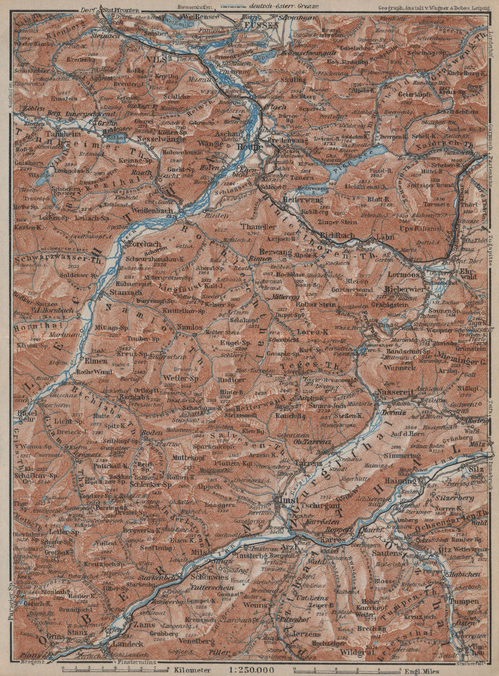 Ammergauer & Lechtaler Alpen. Oberinntal. Fussen Imst Reutte. Tirol 1927 map
