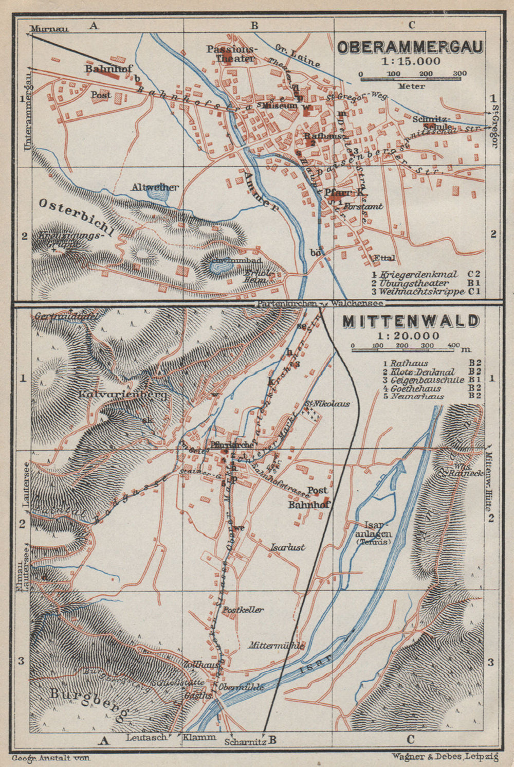 OBERAMMERGAU & MITTENWALD town city plans. Bayern Bavaria Deutschland 1927 map