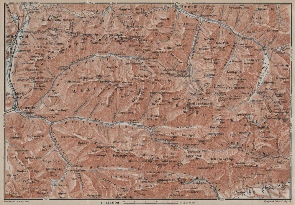 KARWENDEL MOUNTAINS. Mittenwald Scharnitz Birkkarspitze Tirol Tyrol 1927 map