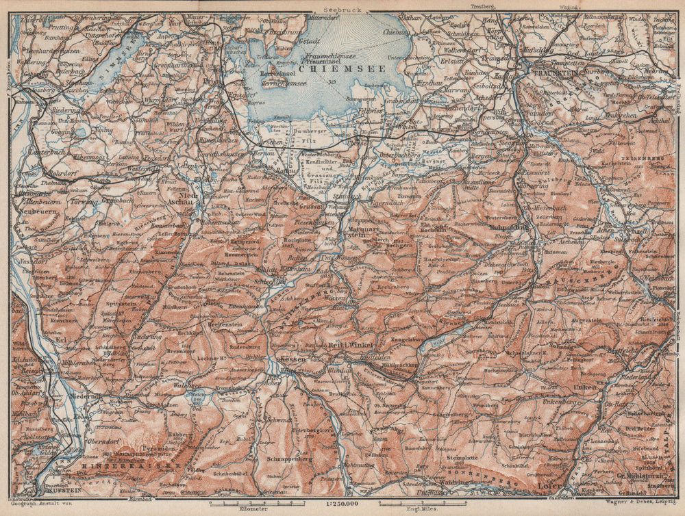 CHIEMSEE, CHIEMGAU & environs. Kufstein Traunstein Lofer Kössen karte 1927 map