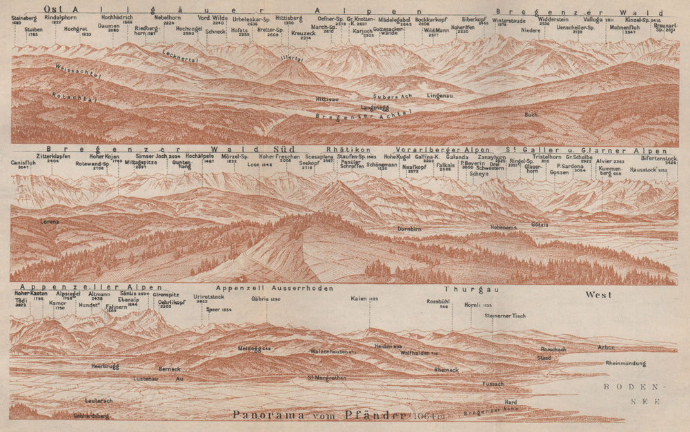 PANORAMA from/vom PFÄNDER (1064m). Vorarlberg. Österreich. Pfander 1927 map