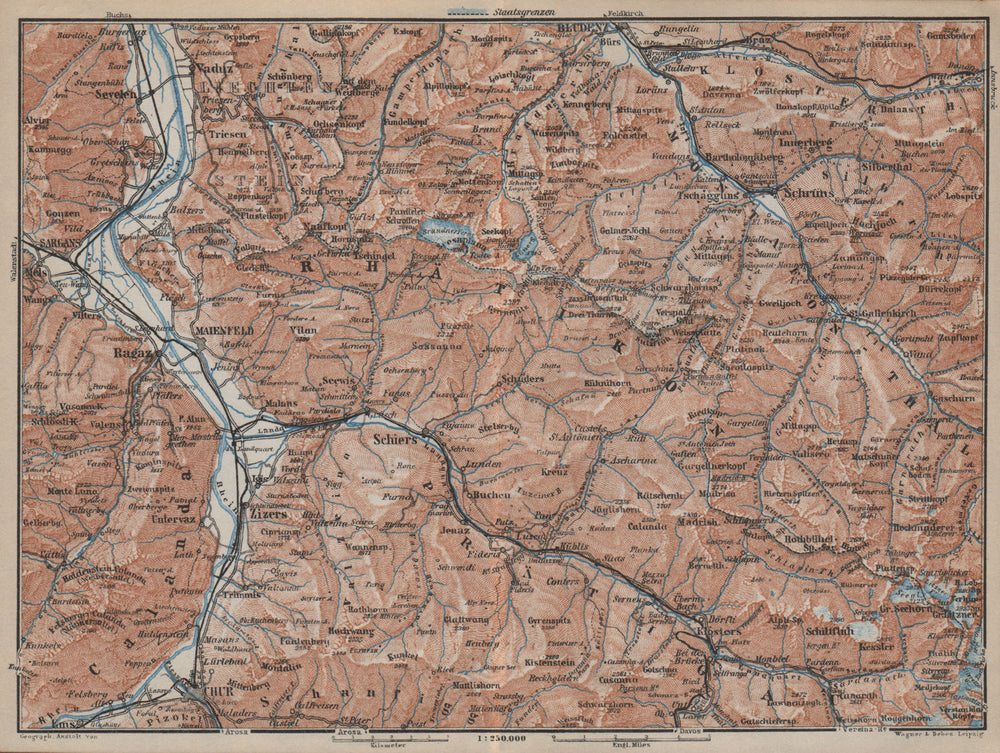 RÄTIKON. Bad Ragaz Montafon Prättigau Klosters Blundenz Schruns Chur 1927 map