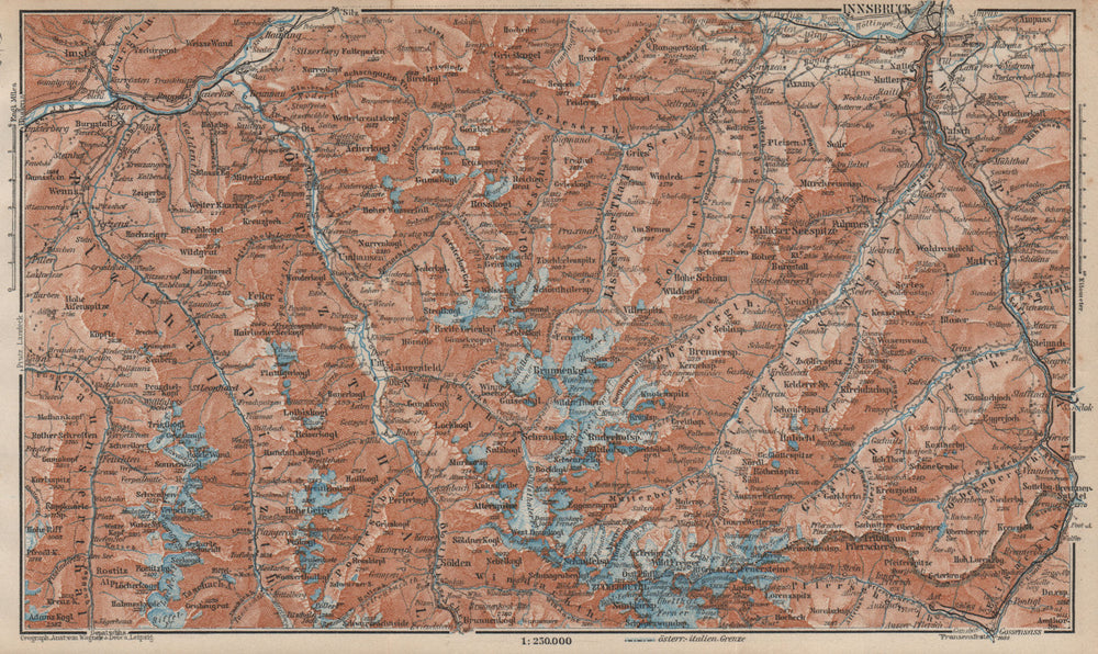 STUBAIER ALPEN. Stubaital Ötztal Pitztal. Solden Kühtai Innsbruck  1927 map