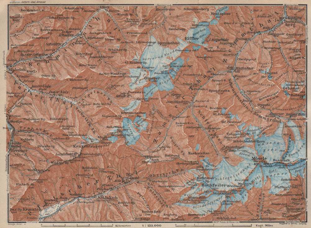 WESTERN ZILLERTAL Pfitscher Tal St Jodok Olperer Zillertaler Alpe 1927 old map