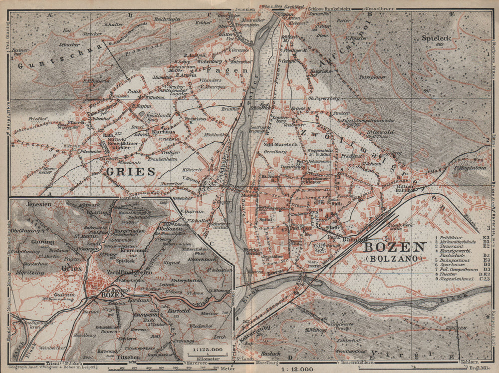 BOLZANO (BOZEN) environs. Gries. town city plan. Italy mappa. BAEDEKER 1927