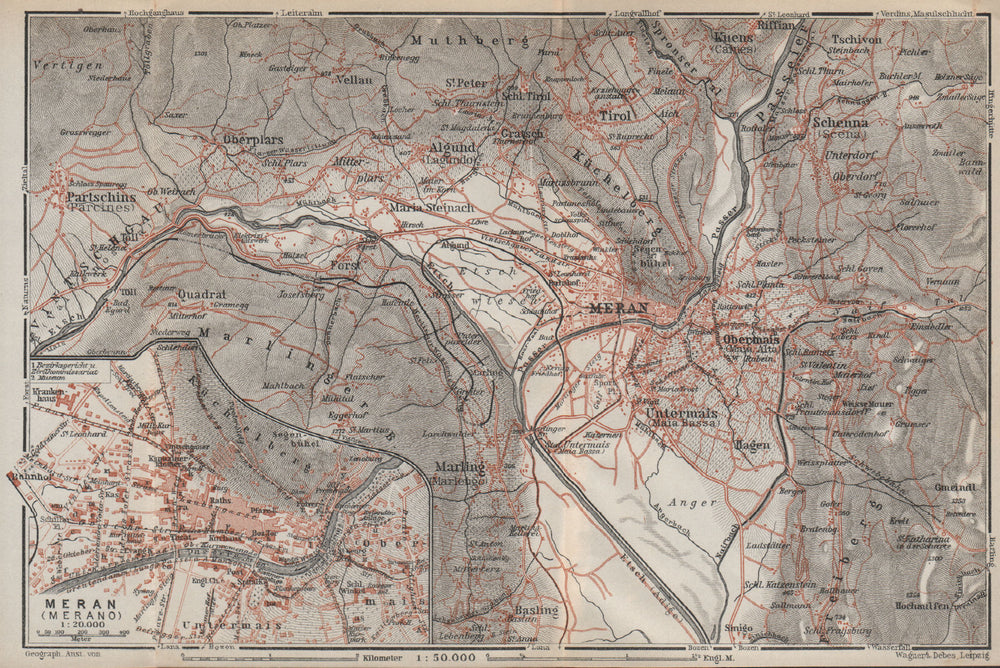 MERANO / MERAN environs Scena Plars di Sopra Marlengo Lagundo Parcines 1927 map