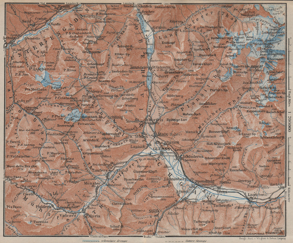 UPPER/OBERVINTSCHGAU. Val Venosta. Glurns Glorenza Laas Graun Südtirol 1927 map