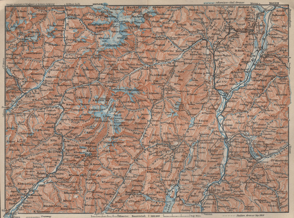 ADAMELLO BRENTA. ORTLER ALPEN. Dolomiti. Bolzano Tirano Bormio Trento 1927 map
