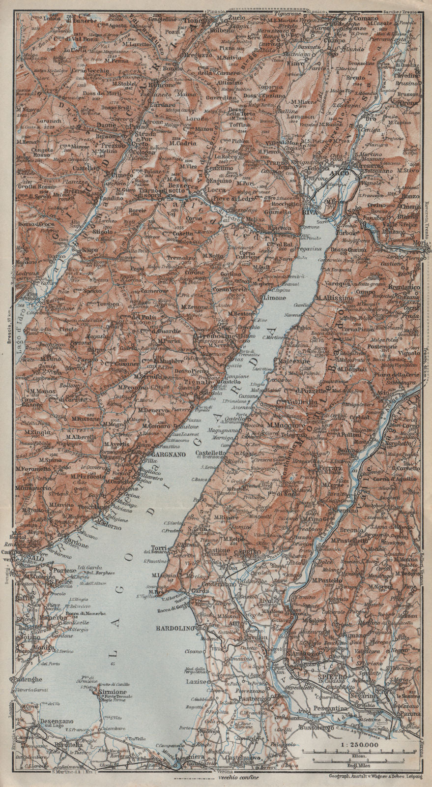 LAGO DI/LAKE GUARDA. Riva Salo Gargnano Bardolino. Topo-map. Italy 1927