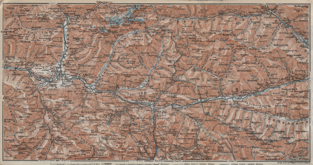 PUSTERTAL Bruneck Fanes-Sennes-Braies Tre Cime Rieserferner-Ahrn Sesto 1927 map
