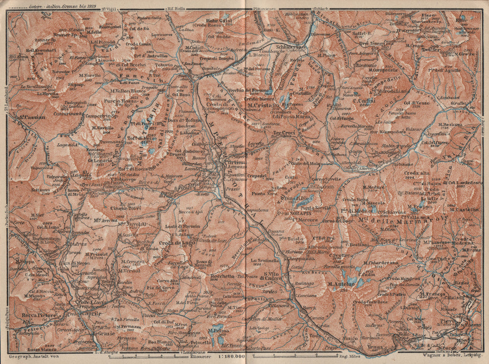 CORTINA D'AMPEZZO valley. Dolomiti Veneto Tre Cime Fanes-Sennes-Braies 1927 map
