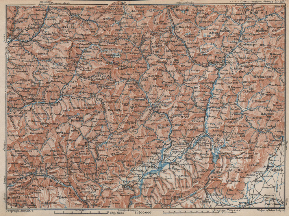 DOLOMITE ALPS DOLOMITI Bolzano Belluno Val Gardena Cortina d'Ampezzo 1927 map
