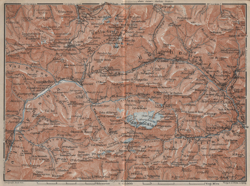 LADIN VALLEYS. Marmolada Arabba/Rèba Fascia Fodóm Mëisules Ciampedèl 1927 map