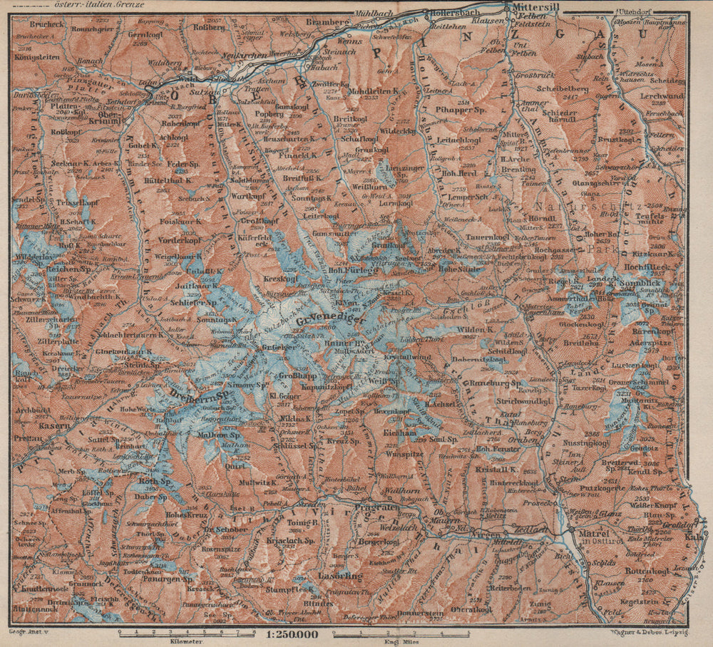 VENEDIGERGRUPPE. OBERPINZGAU. HOHE TAUERN. Mittersill Prägraten  karte 1927 map
