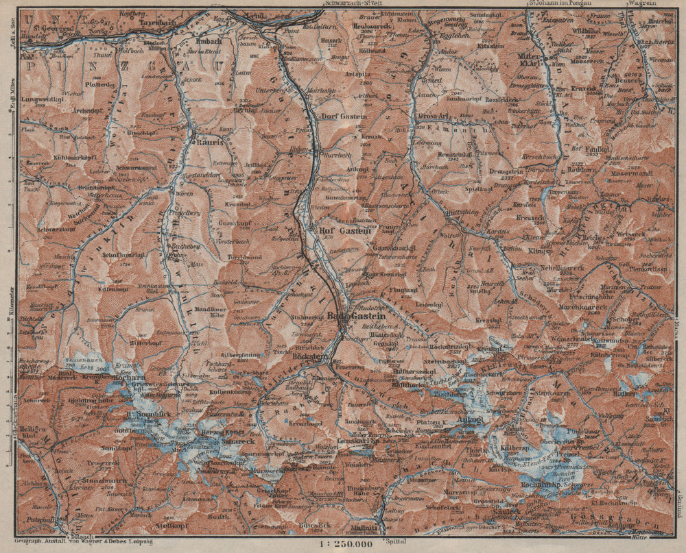 HOHE TAUERN & GASTEINER TAL Ankogelgruppe Goldberggruppe Bad Gastein 1927 map